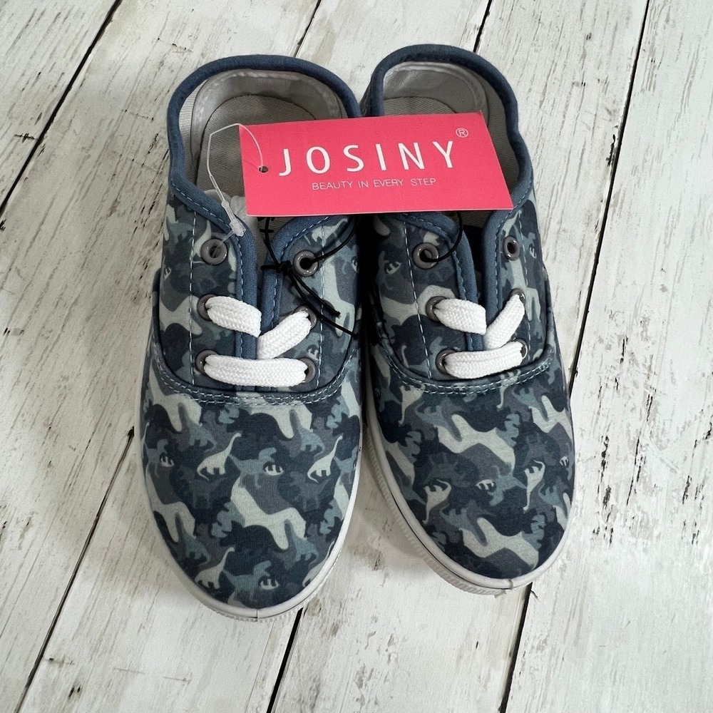 Josiny Kids's NWT Blue‎ Dinosaur Print Sneakers Canvas Lace-Up Shoes Size 12